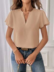 SHEIN Essnce 女士休闲V领荷叶边短袖衬衫 - 卡其色 - 查看 6