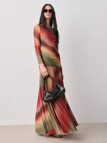 Nöista 印花网纱连衣裙，长款连衣裙，长袖，修身廓形，圆领，及地长度，透明袖子，春季，夏季。 - 彩色 - 查看 3