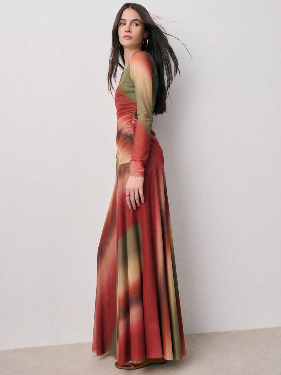 Nöista 印花网纱连衣裙，长款连衣裙，长袖，修身廓形，圆领，及地长度，透明袖子，春季，夏季。 - 彩色 - 查看 1