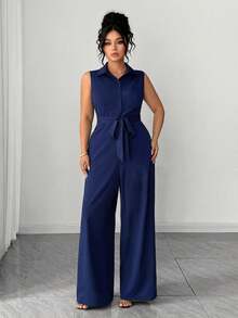 Elenzga Plus Size Women's Elegant Commuter Shirt Collar Short Sleeve Button Half-Open Cinched Waist Jumpsuit, Spring/Summer - Navy Blue - View 6