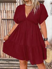 EMERY ROSE 大码休闲纯色蝙蝠袖连衣裙 - 紅色 - 查看 1