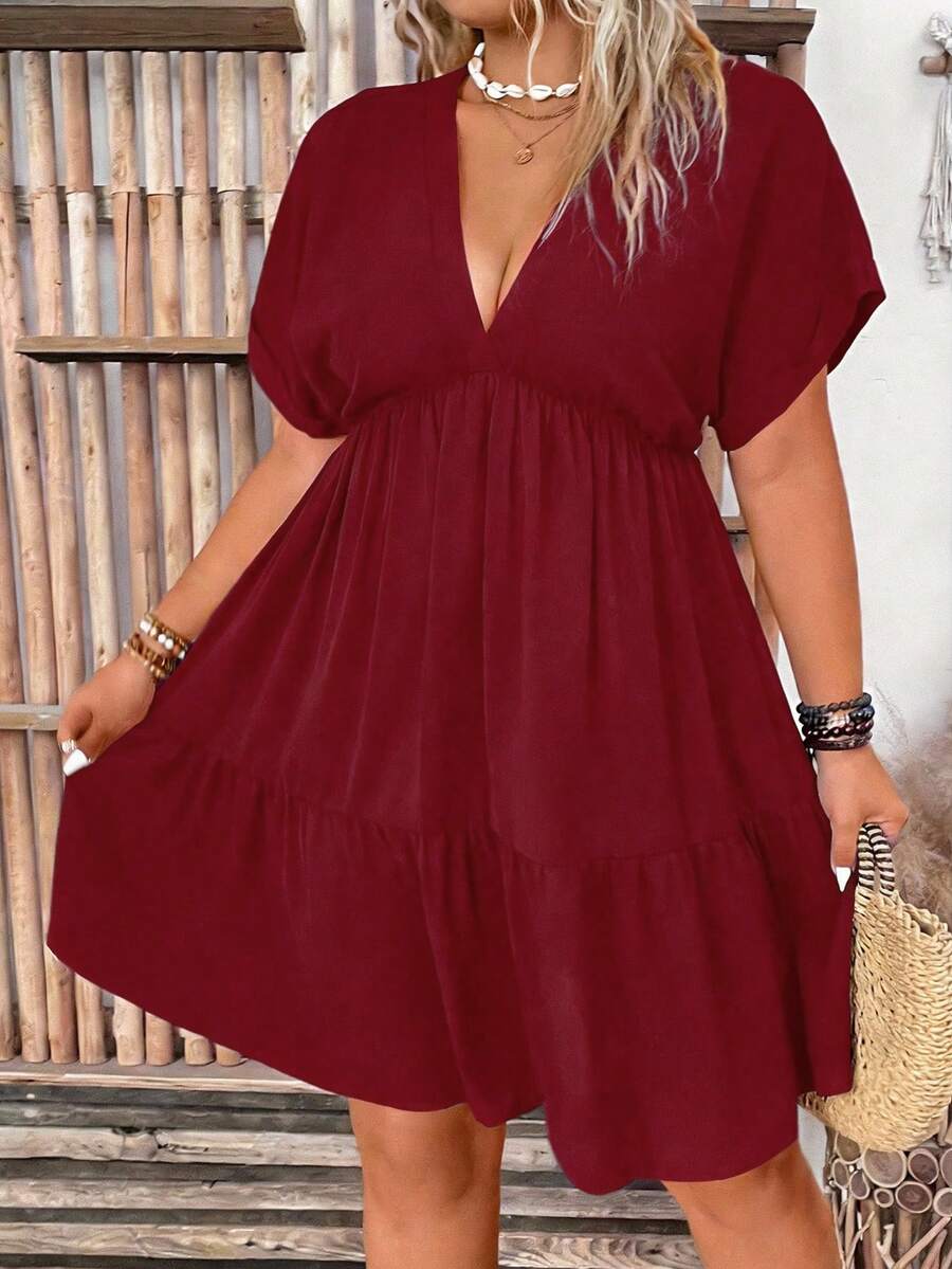 EMERY ROSE 大码休闲纯色蝙蝠袖连衣裙 - 紅色 - 查看 1