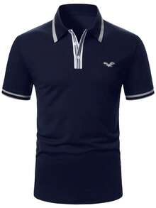 Manfinity Mode Men's Eagle Print Striped Short Sleeve Casual Commuter Polo Shirt - Navy Blue - View 5