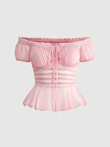 ROMWE Avant 优雅露肩荷叶边下摆上衣，适合女士海滩度假 - 淺粉色 - 查看 1