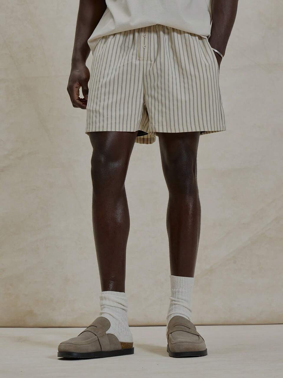 Grey Pinstripe Boxer Style Button Front Elasticated Waistband Shorts