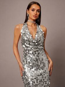 Silquee Đầm ôm sát đính sequin cổ khoét sâu hở lưng thanh lịch dành cho nữ dự tiệc - Bạc - Xem 5