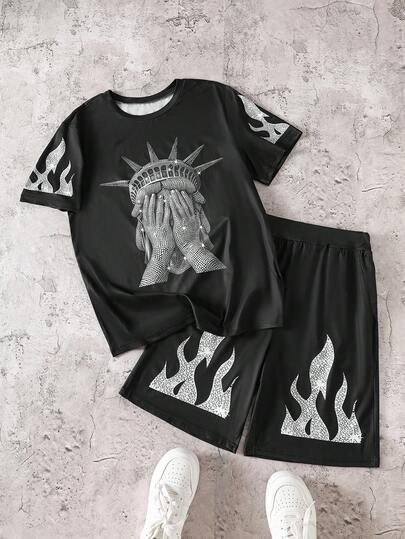 Coolqubz 两件套休闲复古火焰印花T恤套装，适合青少年男孩，面料柔软舒适，适合日常穿着。