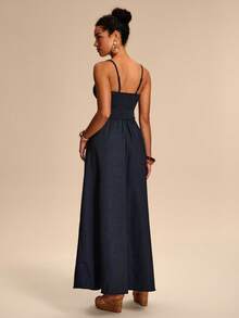 Eryvara 女士牛仔效果腰部拼接宽织带后背抽绳设计蓝色吊带连衣裙 - 藍色 - 查看 3