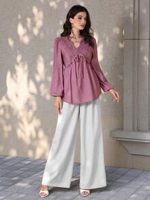 Mulvari Women's Lace Trim Tie Front Lantern Sleeve Casual Blouse, Versatile For Dates And Outings - Purple - View 4