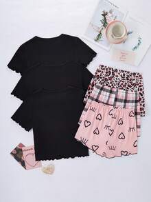 SHEIN 6pcs Girls Leopard Lip Print Top, Avocado Print Pants, Cartoon Bear Print Shorts Set, Casual Pajamas - Black - View 2