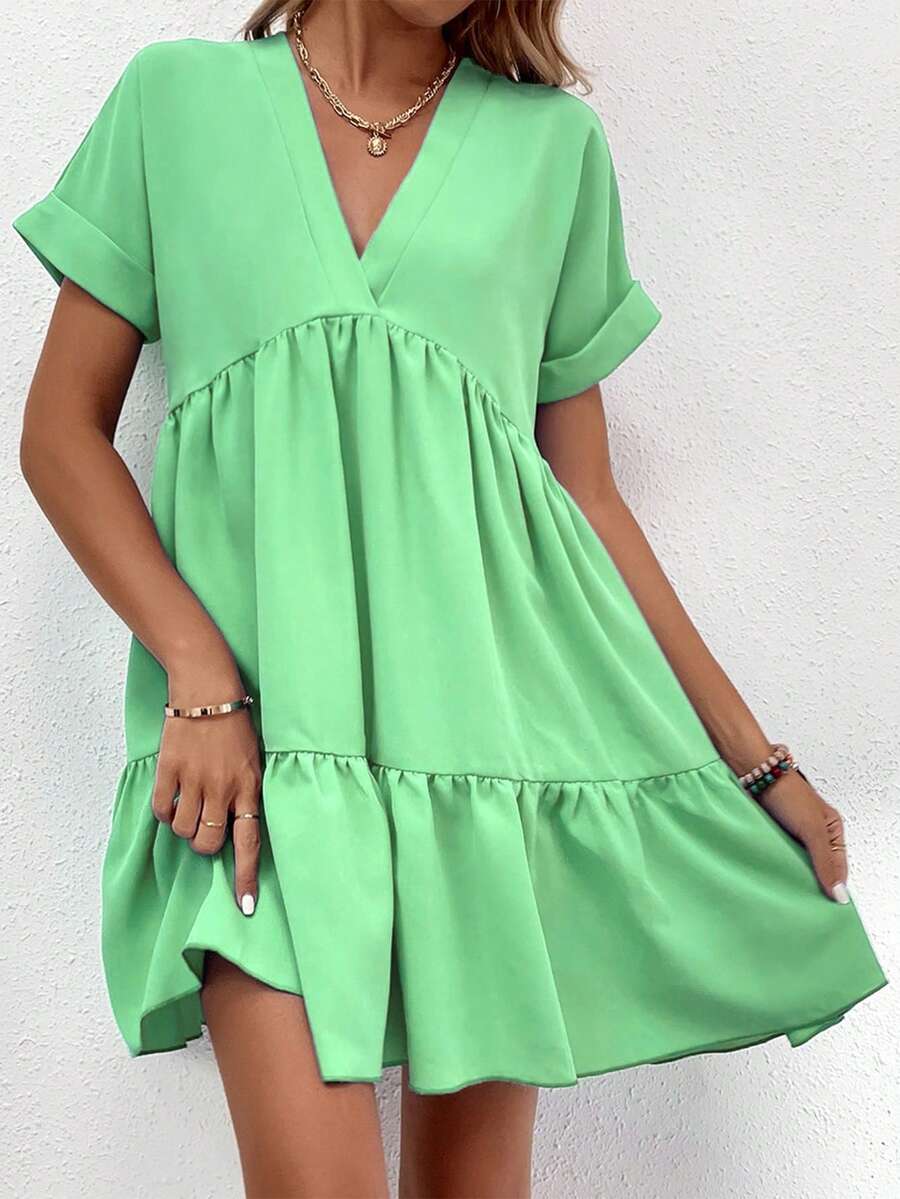 EMERY ROSE Women's Casual V-Neck Ruffle Hem Short Sleeve Dress, Summer Women's Dress Women's Summer Dresses Women Dress Resort Wear Women Vacation Dress Women Casual Dresses - Green - View 1