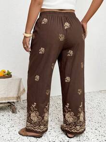 SHEIN Frenchy 大码女式印花系带阔腿休闲裤棕色裤子女式夏季裤刺绣裤印花裤抽绳裤春季女式下装 - 棕色 - 查看 7