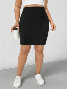 SHEIN Essnce 加大松紧腰纯色铅笔裙 - 黑色 - 查看 4