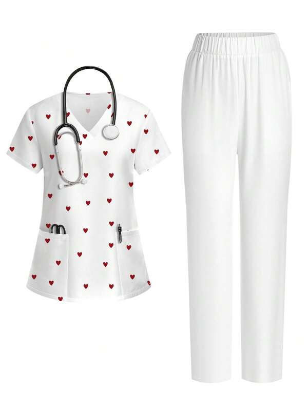 PopScrub Red Heart Print V-Neck Short Sleeve Pocket Nurse Scrub Uniform Set For Women