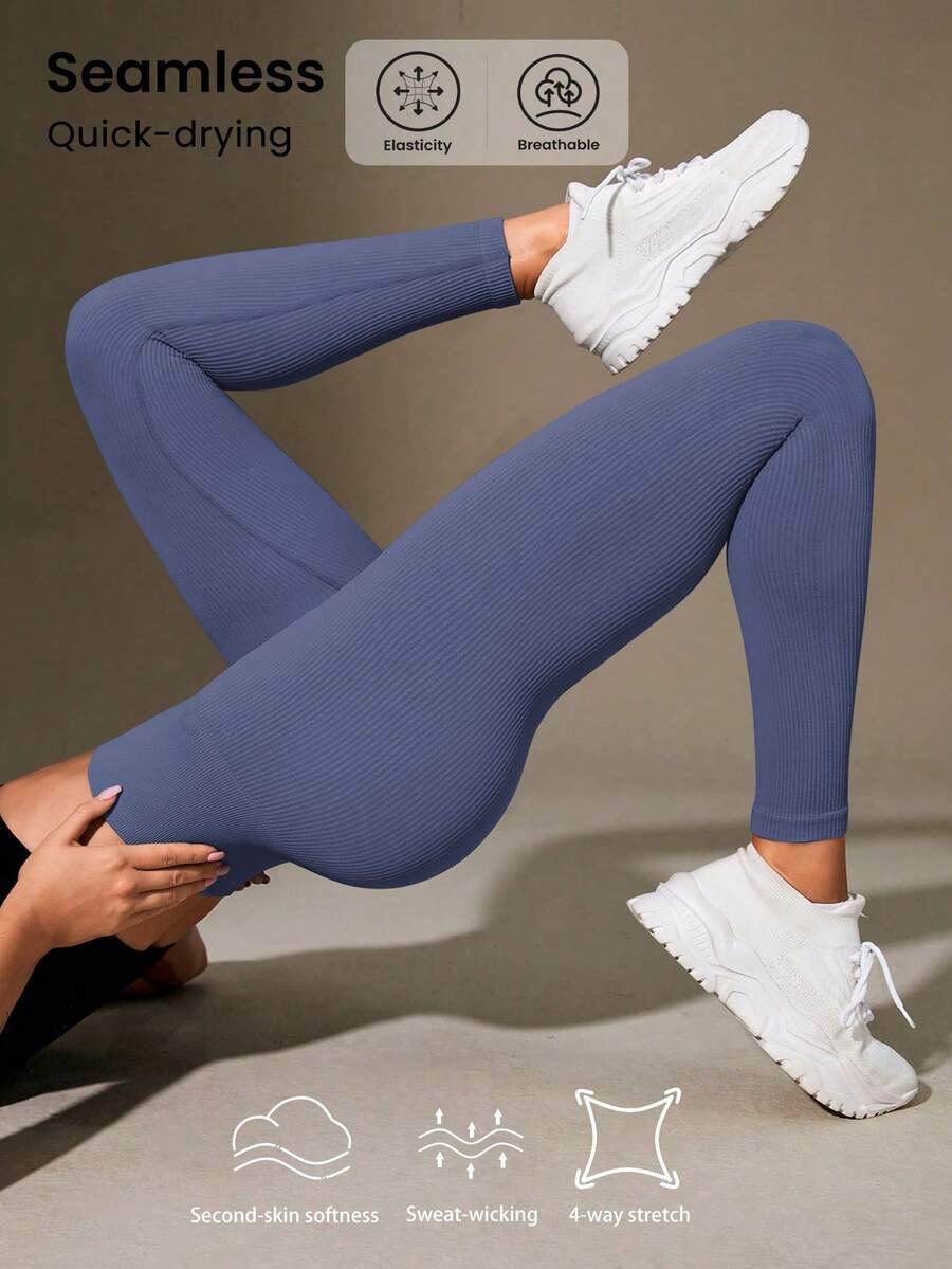 SHEIN Sports 女式高腰罗纹无缝修身打底裤 - 云朵柔软 第二层肌肤柔软度 速干透气 四向弹力打底裤 适合跑步 骑行 瑜伽 泡菜球 运动 休闲装，黑色