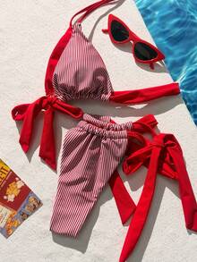Swim Mod 2026 Spring/Summer Fashionable Striped Print Halter Backless Sexy Bikini 2-Piece Swimwear Set For Women - Red - View 5