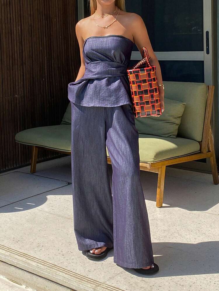 2pcs Women Elegant Solid Color Fitted Tube Top & Wide Leg Pants Vacation Suit, Spring/Summer