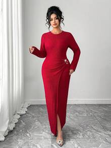 Elenzga Plus Size Women Elegant Red Modest Satin Party Dress,Autumn Long Sleeve Minimalist Ribbed Textured Fabric Metal Ring Decor Fitted Commute Daily Gown - Burgundy - View 5