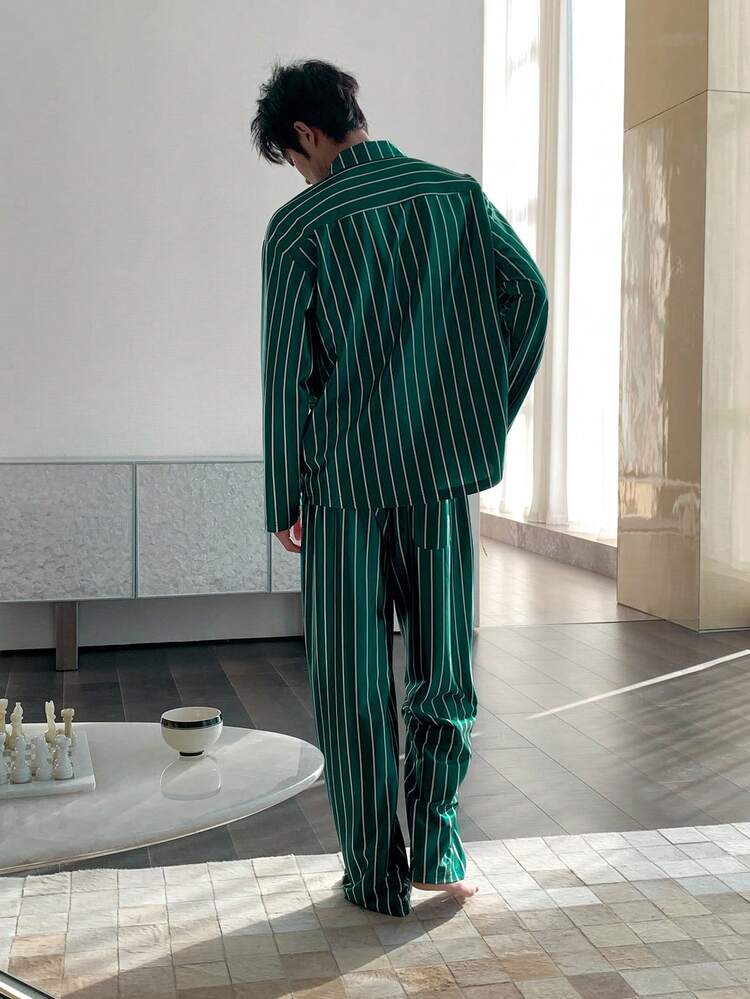Spring Printed Green Striped Long Sleeve Pajama Set With Pants For Men