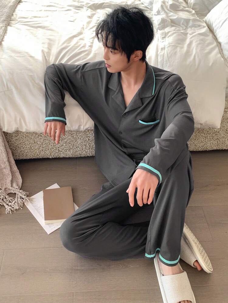Spring Decorative Line Print Long Sleeve Pajama Set With Pants, Grey For Men