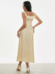 Poéselle 女士时尚优雅露肩蕾丝边中长连衣裙 - 杏色 - 查看 2