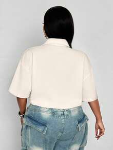 Maweii Plus Size Women Solid Color Short Pocket Front Shirt - Apricot - View 3