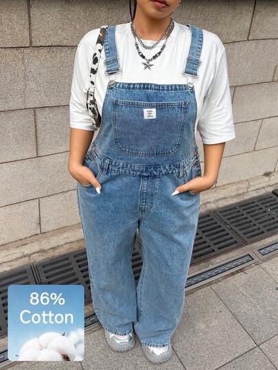 Muchica Damen Große Größen Latzhose aus Jeans mit bestickter Tasche, Lässig