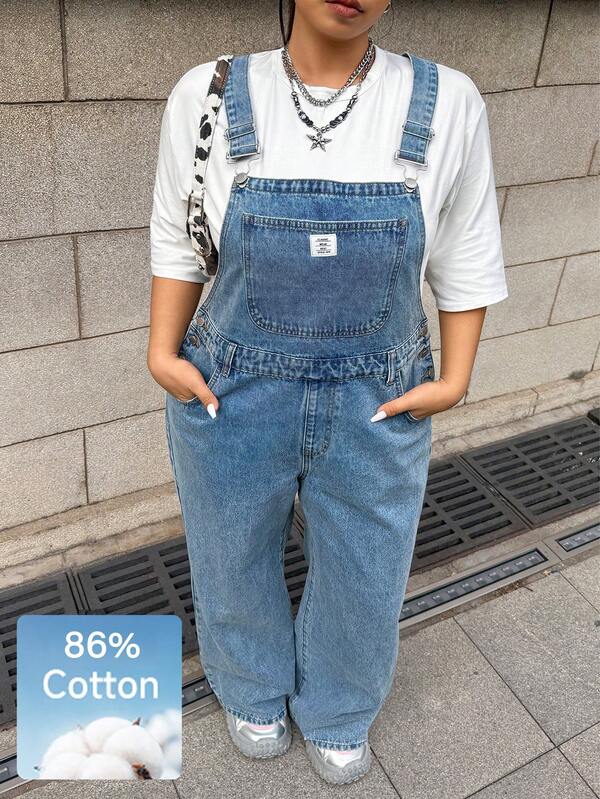 Muchica Plus Size Women's Letter Embroidered Pocket Casual Denim Overalls