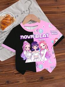 1件女童K-POP卡通星星撞色印花短袖圆领上衣，适合女童日常及假日穿着，春夏四季皆宜 - 粉色 - 查看 3