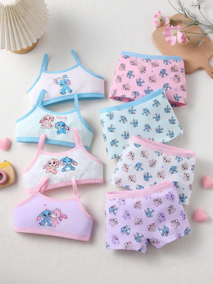 4pcs/Set Girls Cute Rabbit & Heart Print Camisole Top And Briefs Underwear Set, Soft, Suitable For Valentine''s Day, Easter - Multicolor - View 1