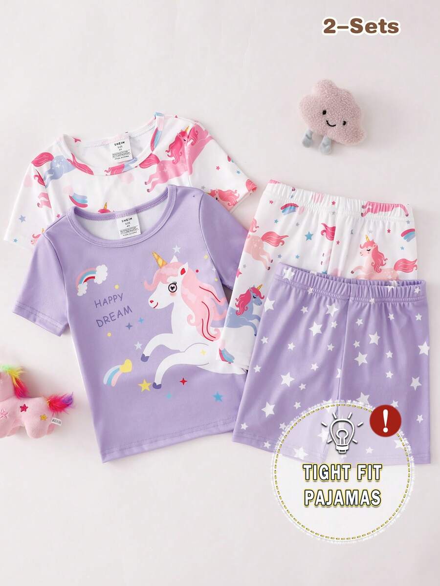 Conjunto de pijama de 4 piezas para niñas pequeñas con estampado de unicornio y estrella arcoíris, incluye top de manga corta y pantalones cortos, suave y cómodo - Multicolor - Ver 1