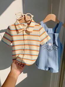 SHEIN 2pcs/Set Unisex Baby Casual Cute Holiday Knitted Colorful Striped Short Sleeve T-Shirt&Cartoon Rabbit Printed Blue Bib Pants Romper Set,Summer Sets - Multicolor - View 4