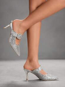 CUCCOO SZL New Pointed Toe Silver Sequin Backless Design High Heel Women Shoes Valentine's Day - Silver - View 7