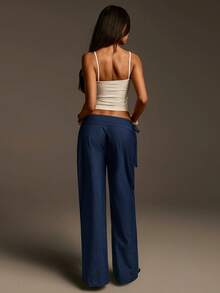 Athîral Pantalones anchos casuales de mujer con cintura con cordón, diseño de pliegue en la cintura, ajuste holgado, tela tejida cómoda y suave, casual para mujer, pantalones casuales para mujer, playa, vacaciones de primavera, mujer de primavera, vacaciones de verano, pantalones de playa, pantalones azules, vacaciones de verano, verano para mujer, vacaciones para mujer - Azul - Ver 4