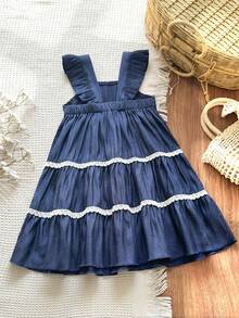 Vintaside Kids 女童夏季中码粉蓝色花园A字连衣裙。肩带的荷叶边设计巧妙可爱，增添了整体的甜美感和层次感。适合假日海滩玩耍、郊游、居家休闲、婚礼、生日、派对表演等各种场合。 - 藍色 - 查看 2
