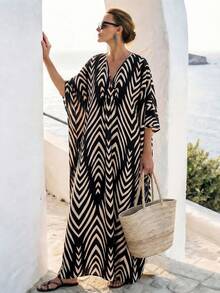 SHEIN Holidaya 复古沙滩度假宽松深V领女士长裙 - 彩色 - 查看 4