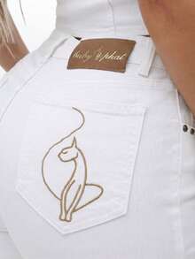 BABYPHAT Women's White Stretch Denim Capri Jeans With Turn Up Hem Cuffs And Cat Embroidery Detail High Rise Cropped Summer Pants - White - View 6