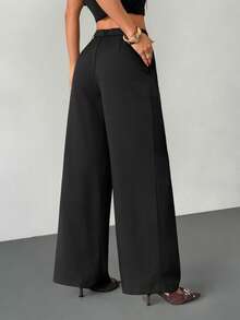 SHEIN PETITE 女士商务休闲裤 女士西式服装 女士阔腿裤 女士办公室服装 宽松裤 专业女士服装 办公室着装 灰色 - 黑色 - 查看 2