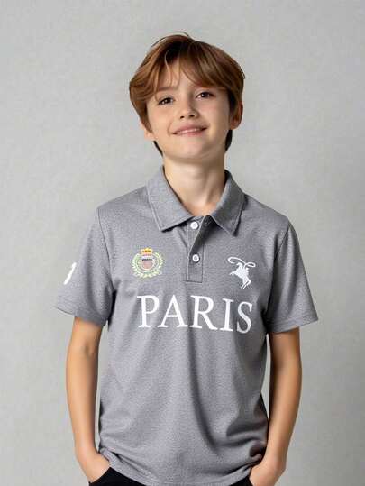 Coolqubz Boys' Casual Comfortable American Style Graphic Letter Print Polo Shirt Boys Golf Shirt