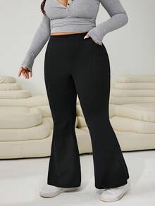 SHEIN Tall CURVE Plus Size Women Casual Solid Color High Waist Flare Leg Pants, Versatile For Daily Commute Plus Size Flare Pants Flared Leggings For Women Plus Size Bell Bottoms Yoga Pants Plus Size Maternity Clothes Maternity Pants,High-Elastic Pants - Black - View 3