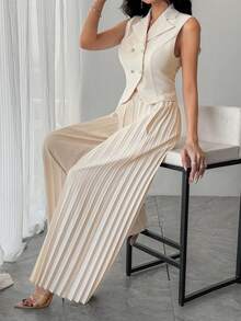 DAZY 女士休闲纯色西装领背心和阔腿裤两件套，夏季 - 杏色 - 查看 9