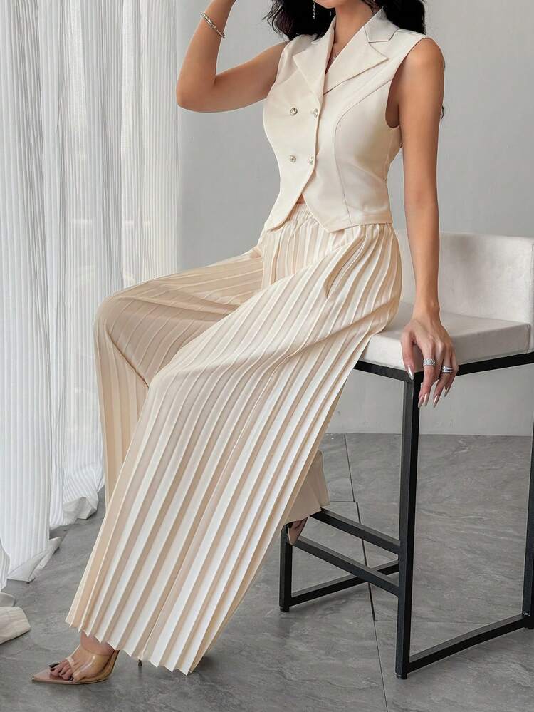 DAZY Women's Casual Plain Suit Collar Vest & Wide Leg Pants 2 Pieces Set, Summer,Women Lounge Sets For Women - Apricot - View 9