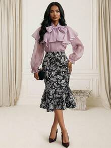 Anewsta New Elegant Cashew Floral Print Bodycon Mermaid Skirt French Style Clothes Floral Skirts For Women Ruffle Skirt Elegant Skirt - Black and White - View 5