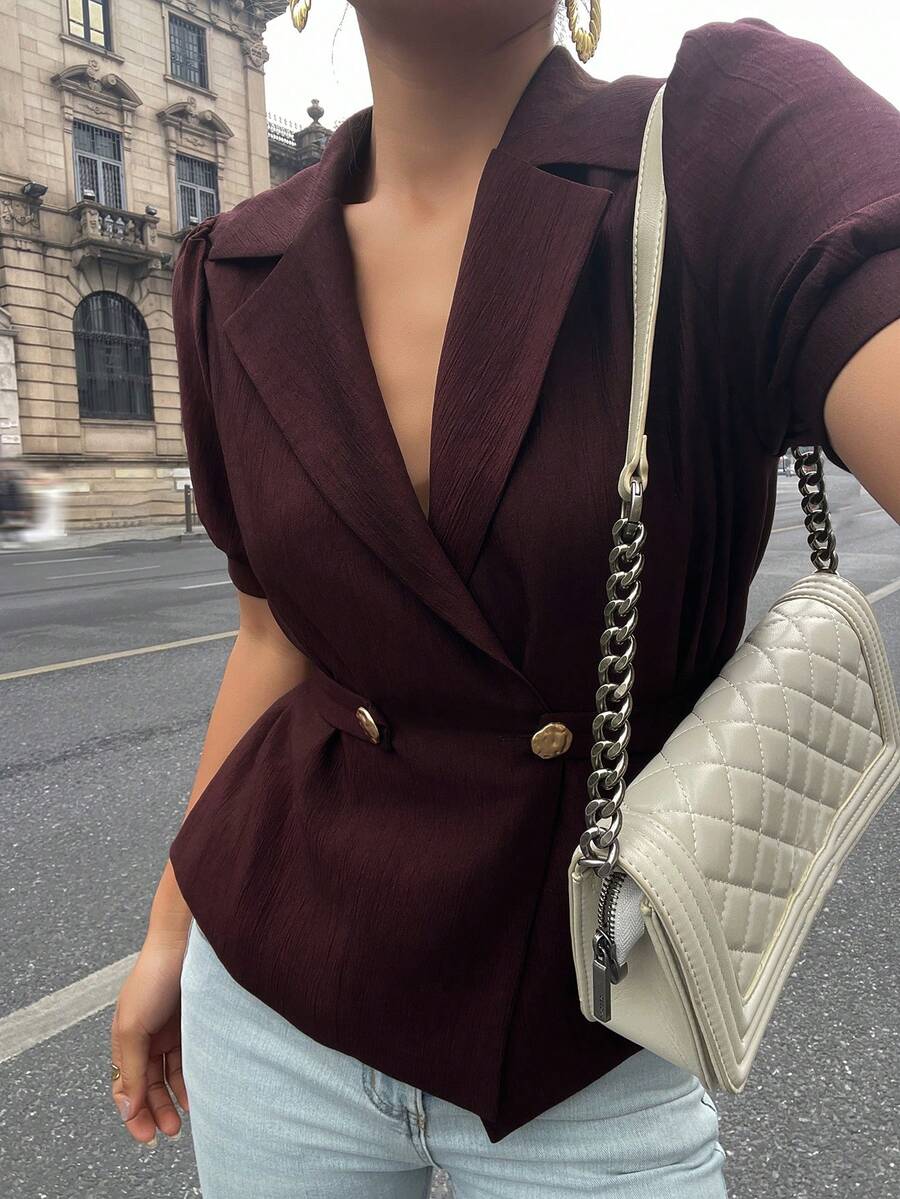 DAZY Chemise formelle de navettage rouge pour femmes avec col, manches bouffantes et ceinture à la taille, style Y2K d'été - Rouge foncé - Voir 1