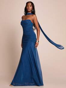 SHEIN BAE Women's Teal Blue Summer Elegant Dining Dress,Solid Navy Blue Ruched Fitted Maxi Strapless Tie Waist Beach Resort Wedding Guest Attire Brunch Dress - Navy Blue - View 7