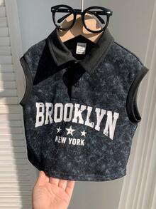 SHEIN 婴儿/男婴休闲时尚黑色扎染无袖针织polo衫，婴儿短袖上衣 - 黑色 - 查看 4