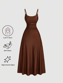 SHEIN MOD 大码女式纯色褶皱腰喇叭下摆细肩带连衣裙、半正式连衣裙、优雅茶会连衣裙、飘逸巡航女装 - 棕色 - 查看 3