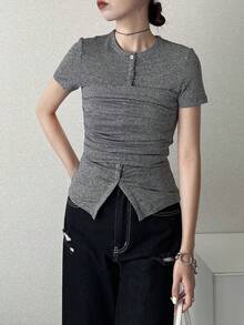 FRIFUL 女士圆领紧身二合一装饰胸前抹胸多层拼接纯色短袖T恤 - 灰色 - 查看 6