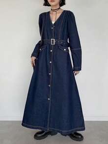 FRIFUL Women's Casual Commuter Front Button Long Denim Dress - Blue - View 1