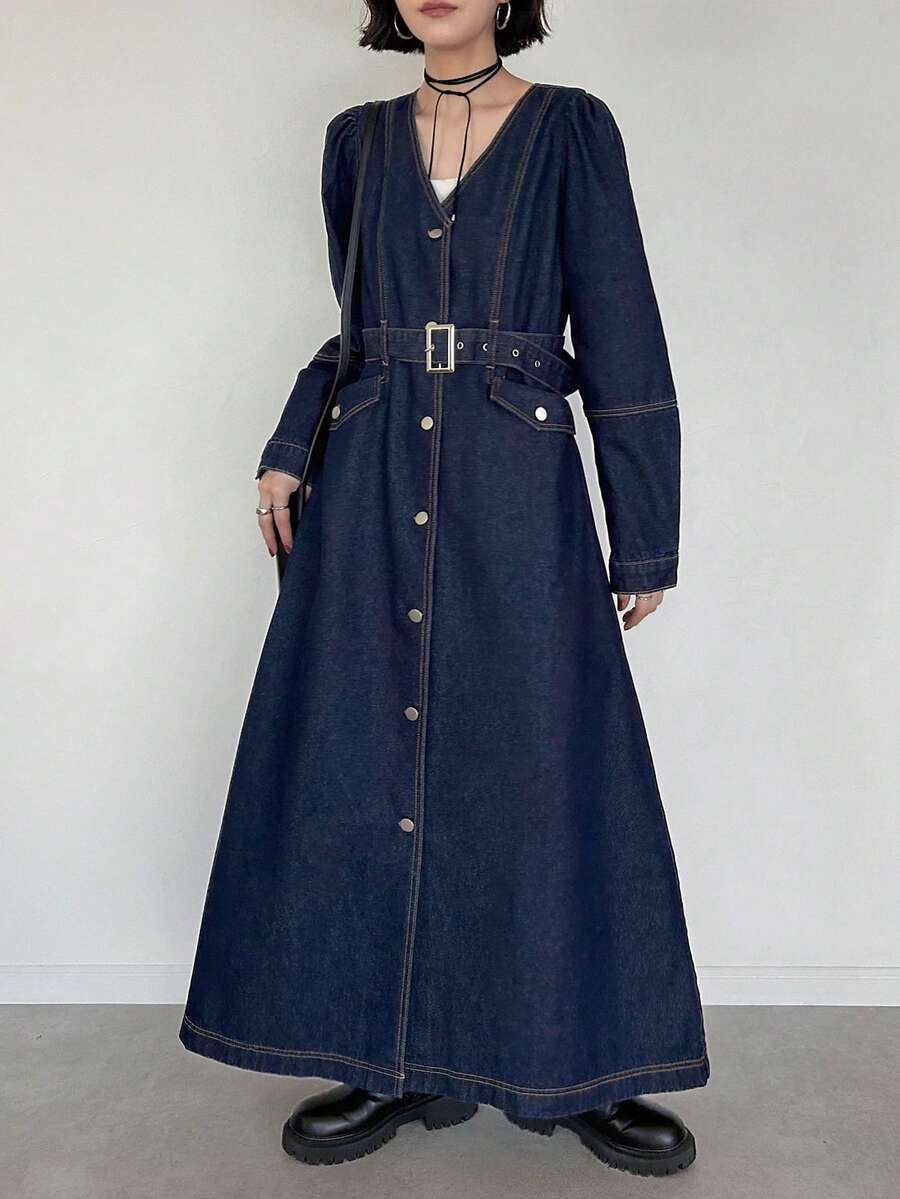 FRIFUL Women's Casual Commuter Front Button Long Denim Dress - Blue - View 1